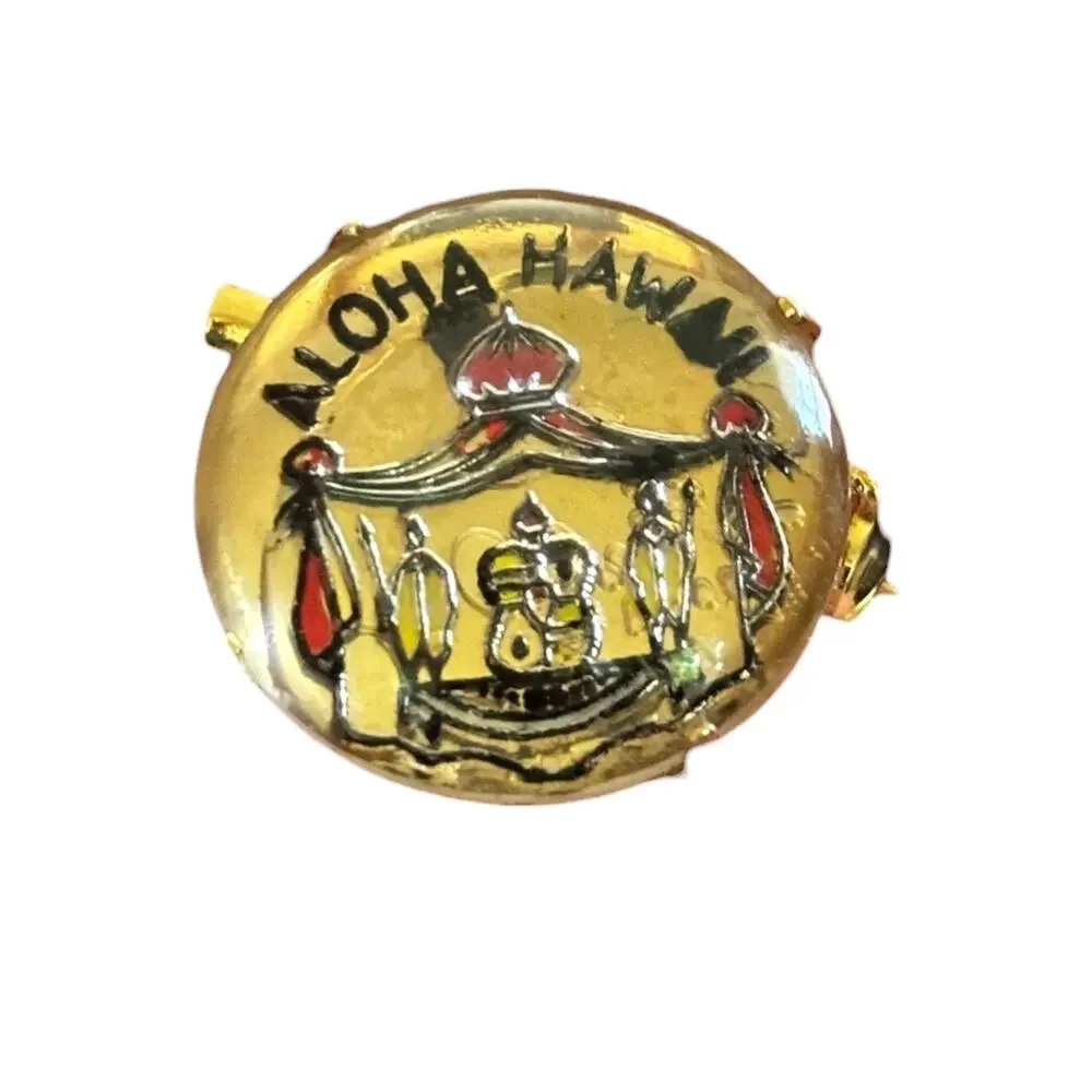 Vintage Aloha Hawaii Curved Glass Scenic Souvenir Brooch Gold Tone Enamel Pin